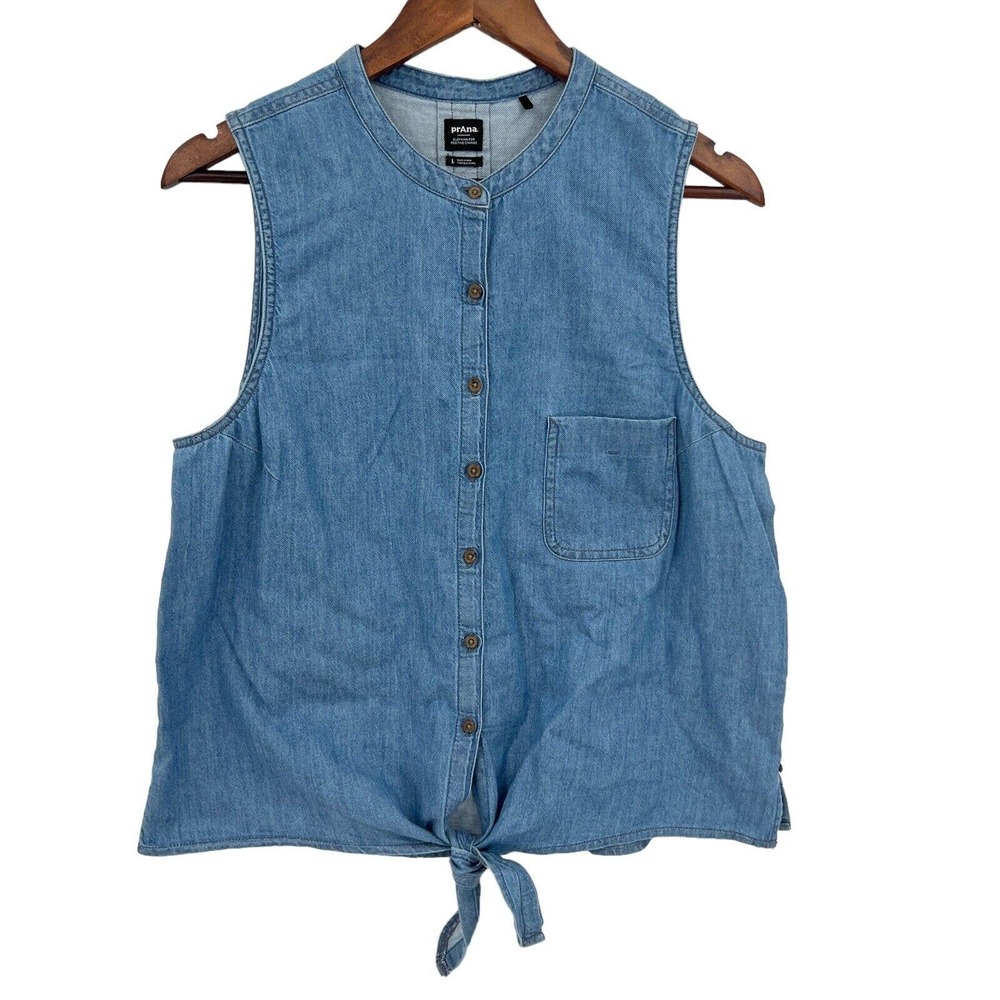 Prana Womens Sleeveless Shirt Chambray Large Button Up Tie Front Travel Vacation